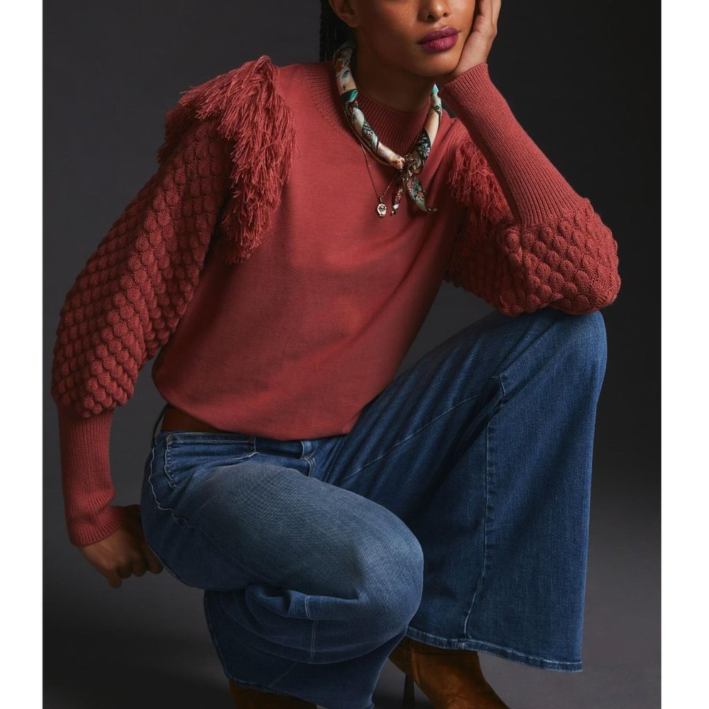 Anthropologie DOLAN Fringed Sweater Cocoa Red Brown Large - Picture 10 of 10